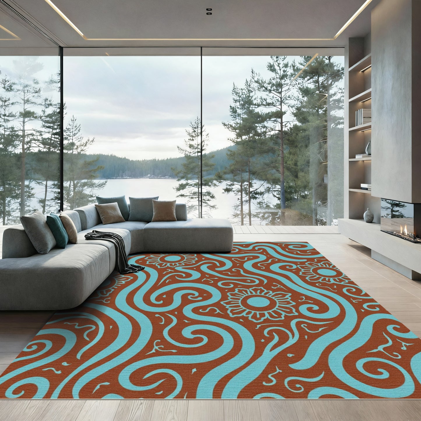 Aqua Swirl Floral Medallion Brown Rug