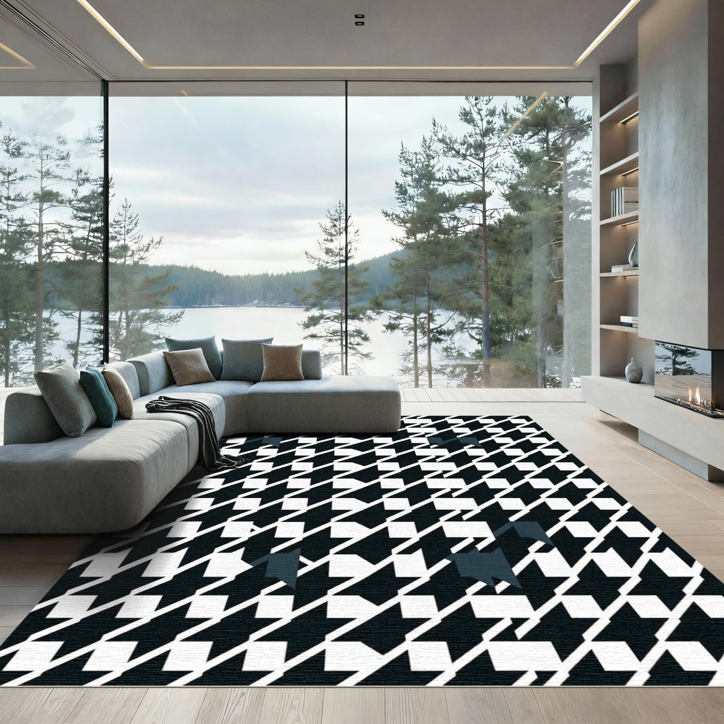 Abstract Black White Houndstooth Shapes Rug