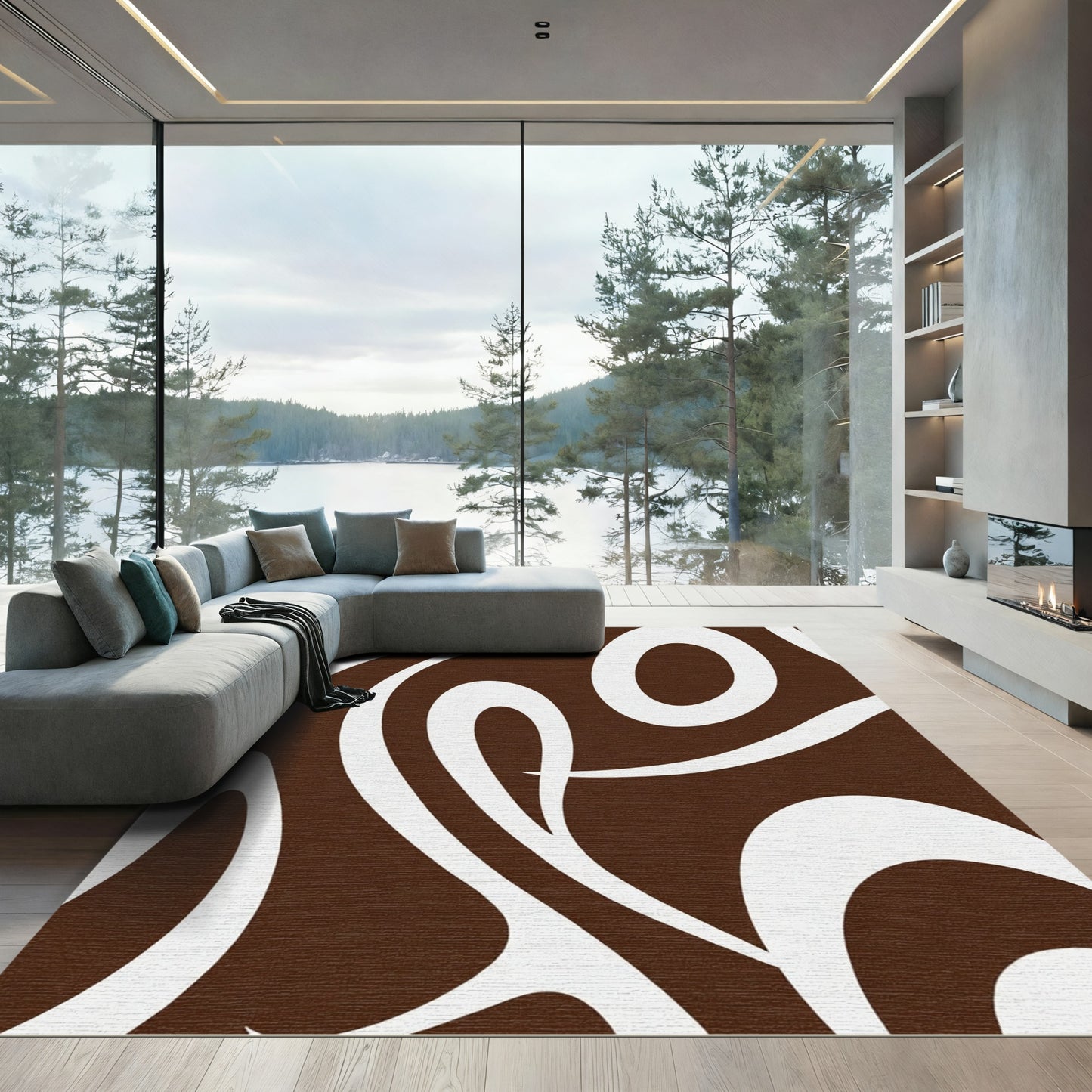 Brown White Organic Swirl Rug