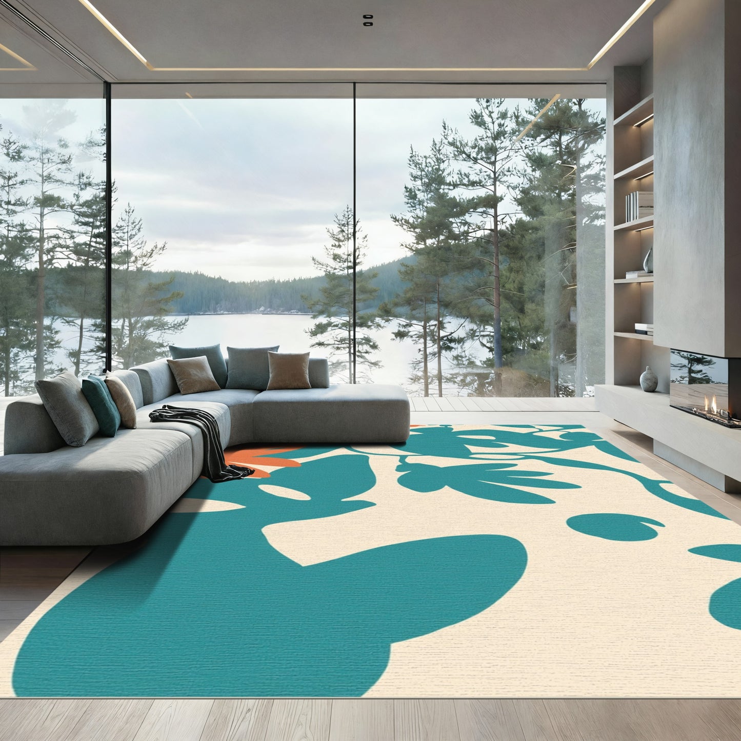 Teal Orange Abstract Floral Arrangement Rug