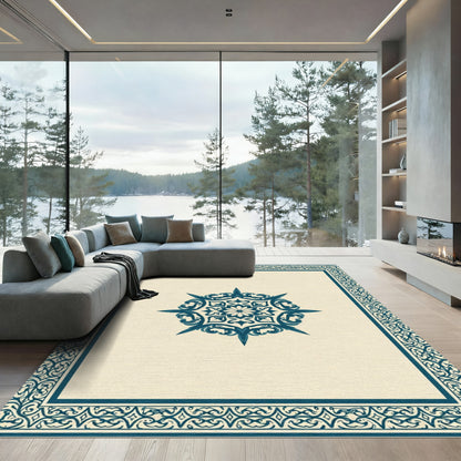 Deep Teal Mandala Ornamental Border Rug