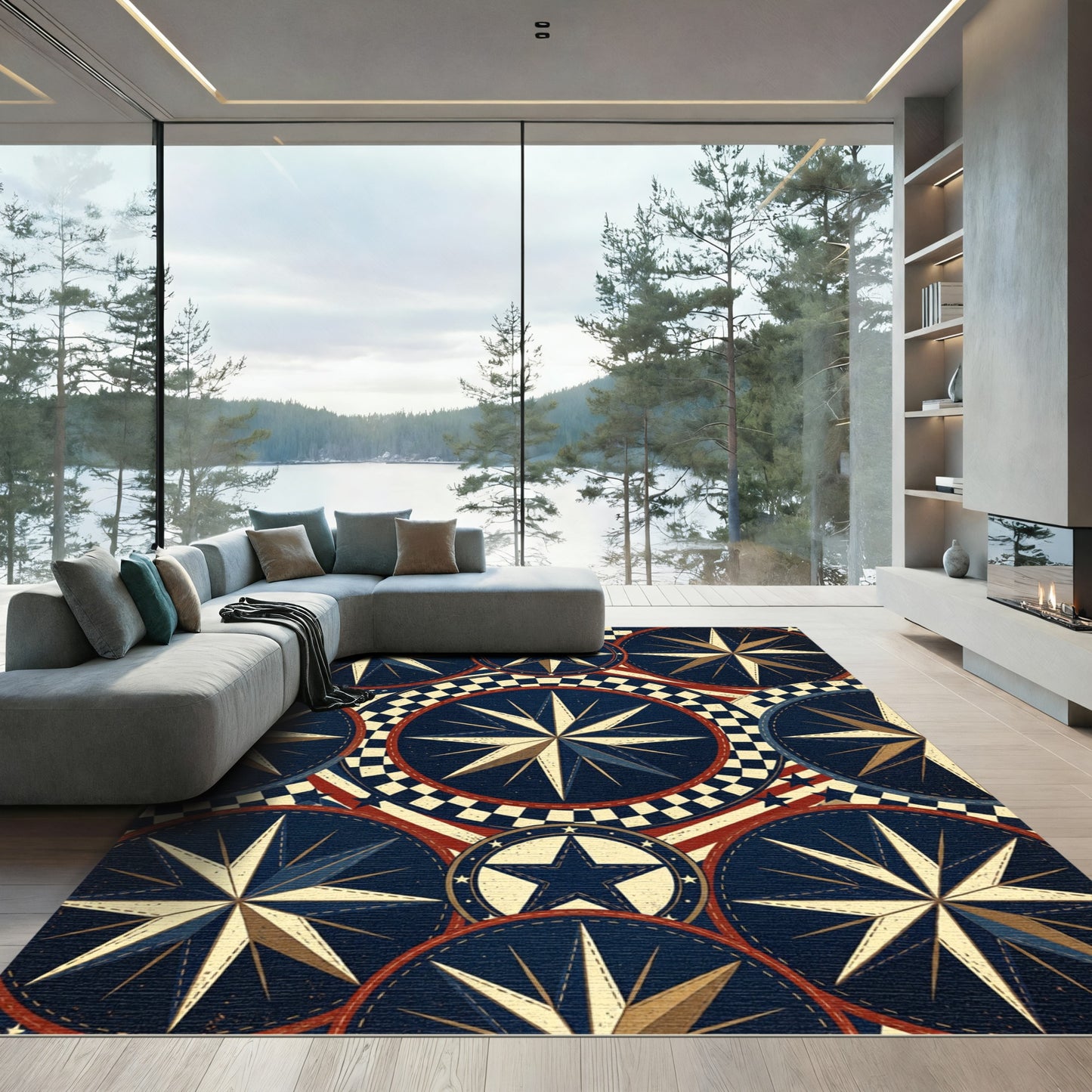 Nautical Navy Compass Star Medallion Rug