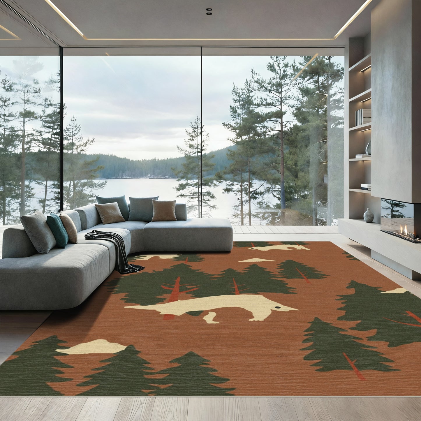 Tan Animal Forest Scene Rug