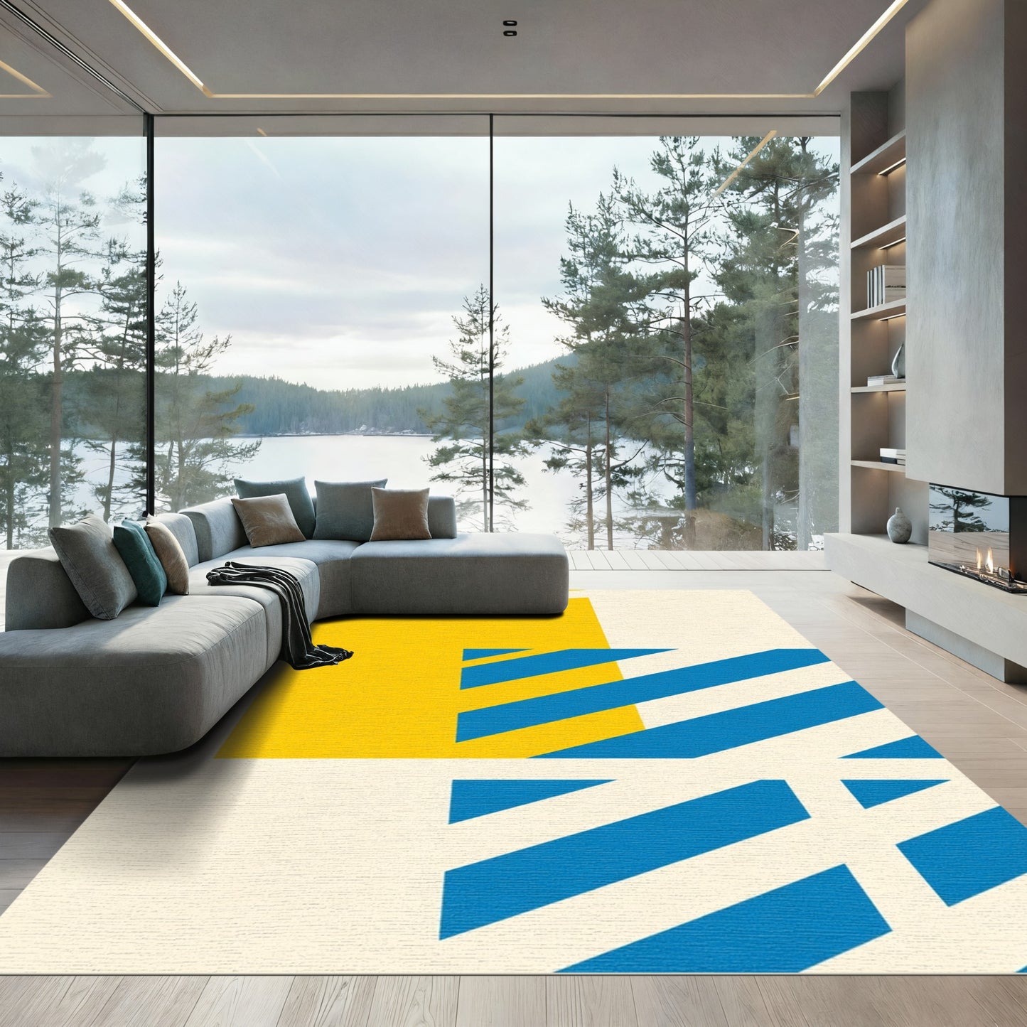 Bold Geometric Blue Yellow Stripes Rug