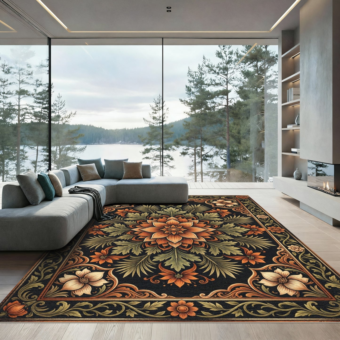 Autumnal Floral Mandala Ornate Gold Foliage Rug