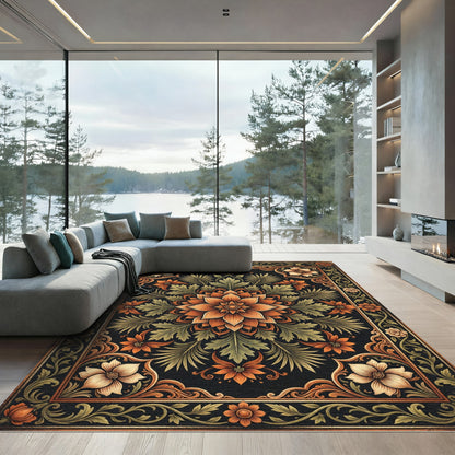 Autumnal Floral Mandala Ornate Gold Foliage Rug