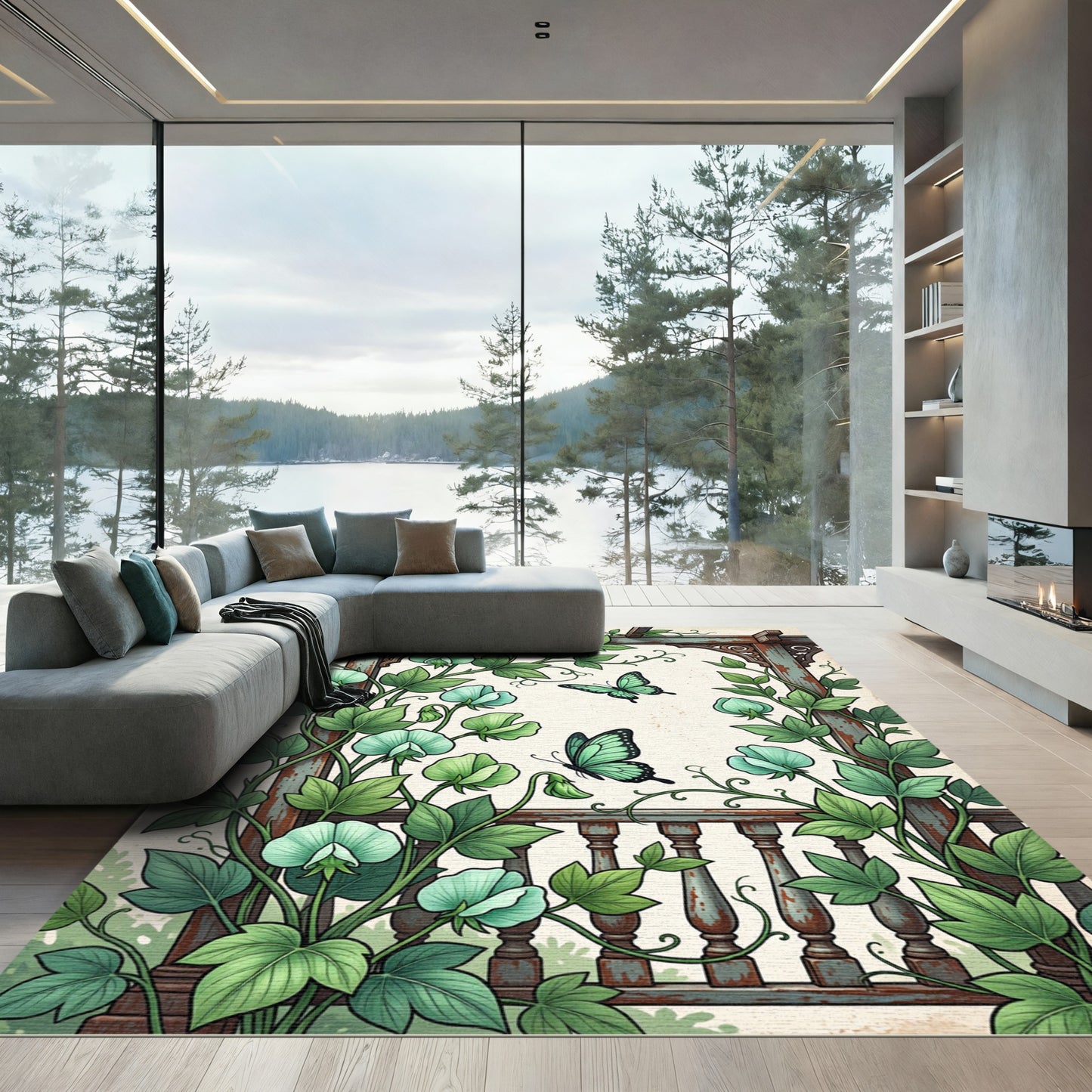 Vintage Mint Floral Butterfly Trellis Rug