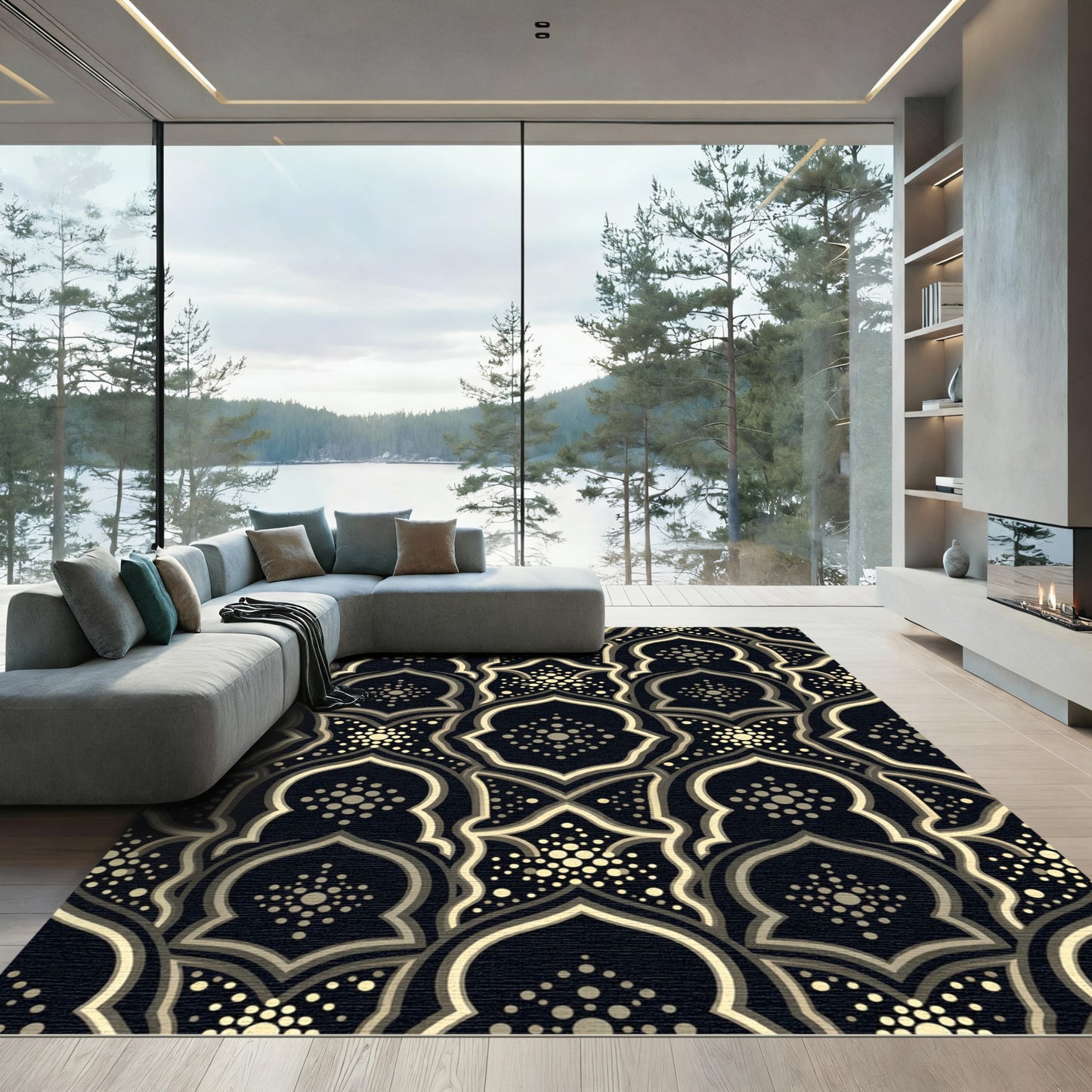 Elegant Gold Geometric Arched Tile Rug