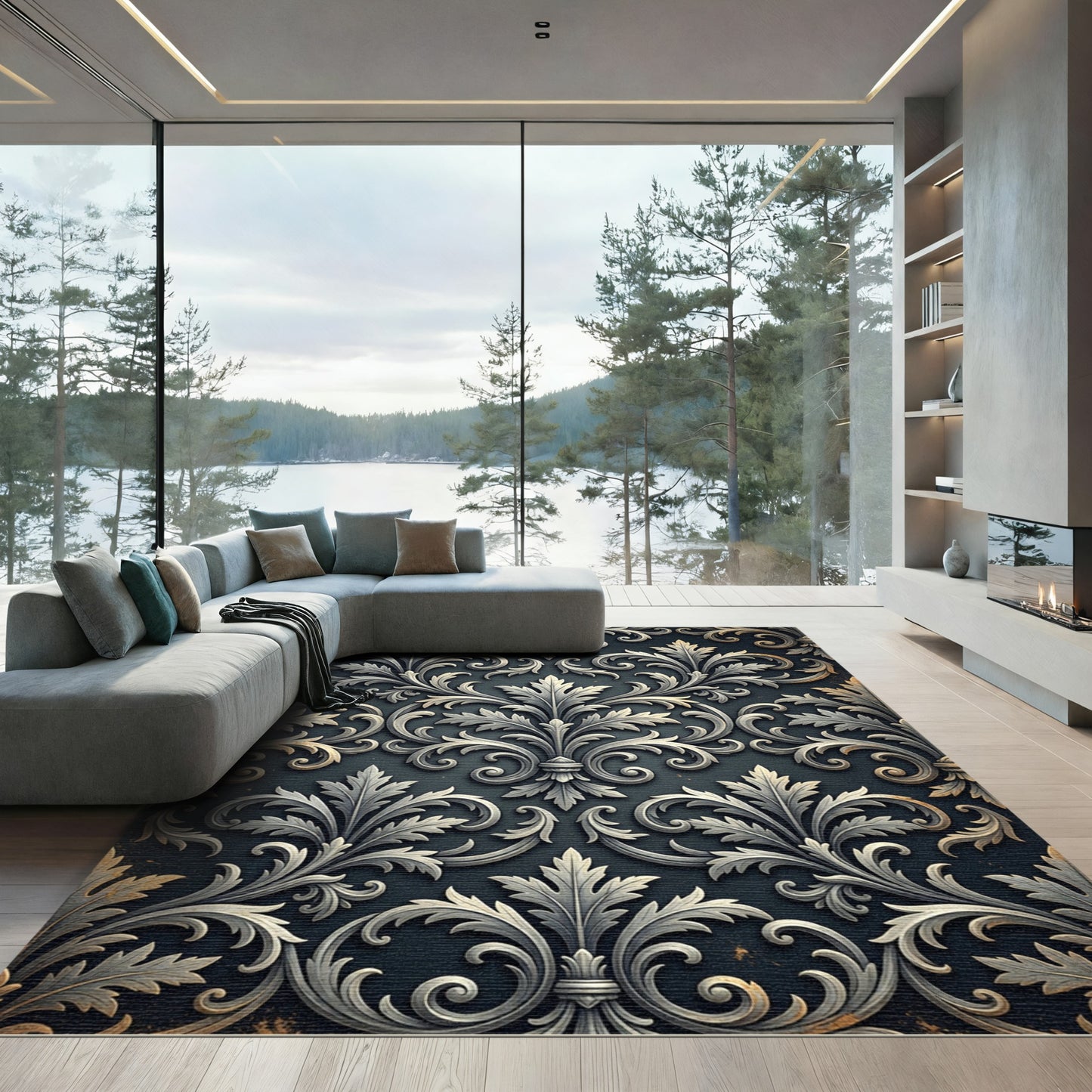 Ornate Silver Leaf Arabesque Rug