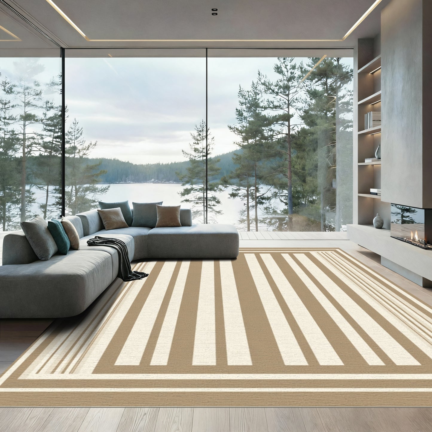 Neutral Beige Vertical Stripe Border Rug