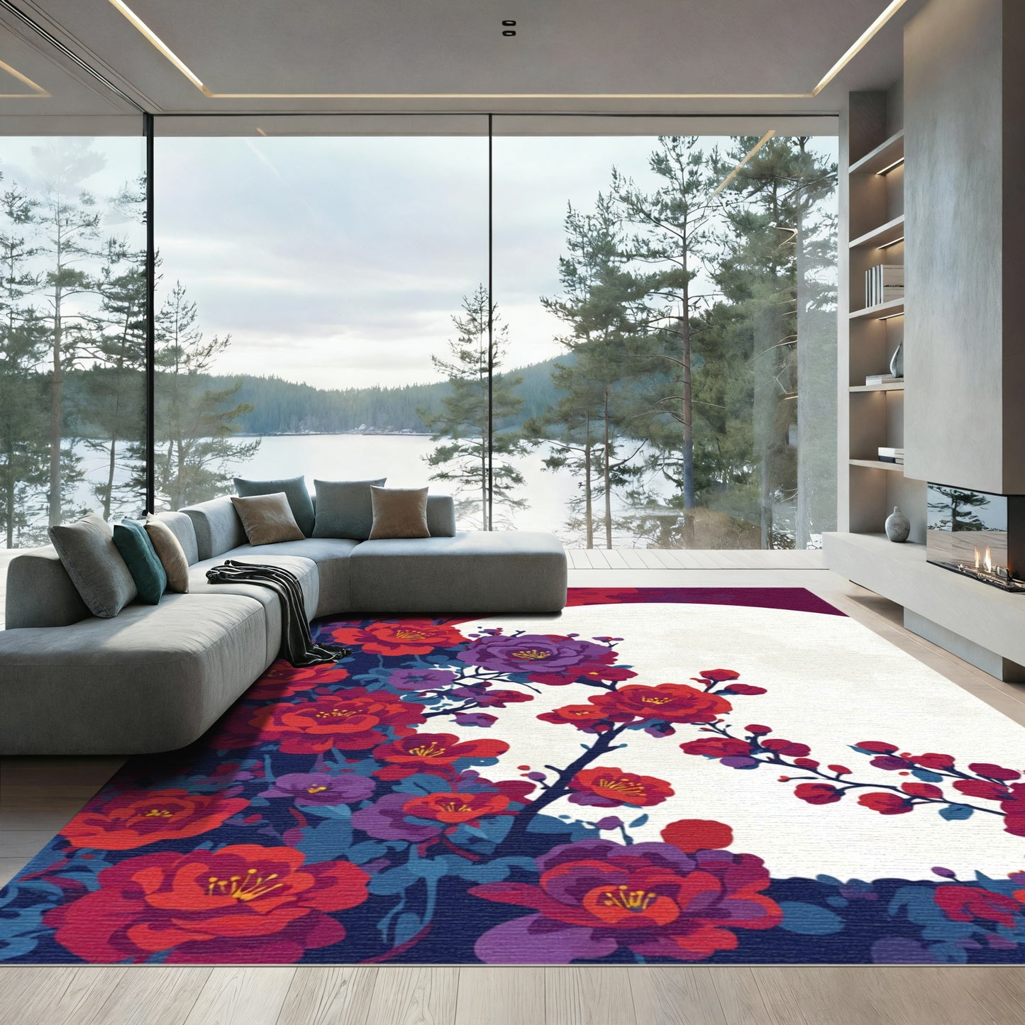 Crimson Floral Moon Blossom Rug