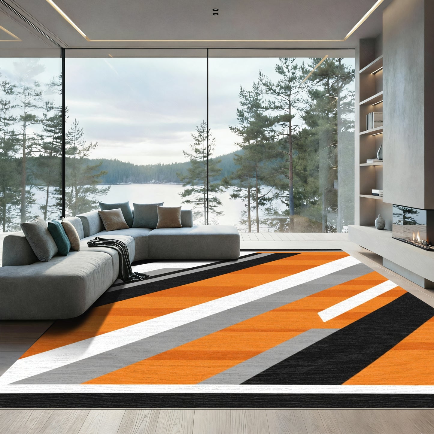 Bold Orange White Black Geometric Lines Rug