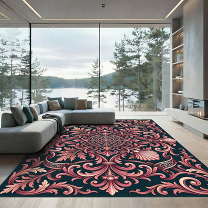 Ornate Pink Floral Acanthus Scroll Rug