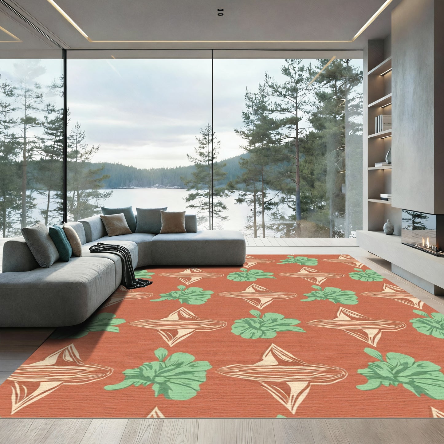 Terracotta Mint Floral Diamond Repeat Rug