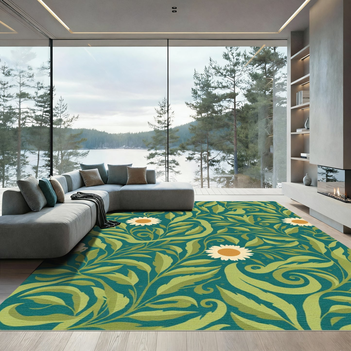 Green Teal Daisy Floral Art Nouveau Rug