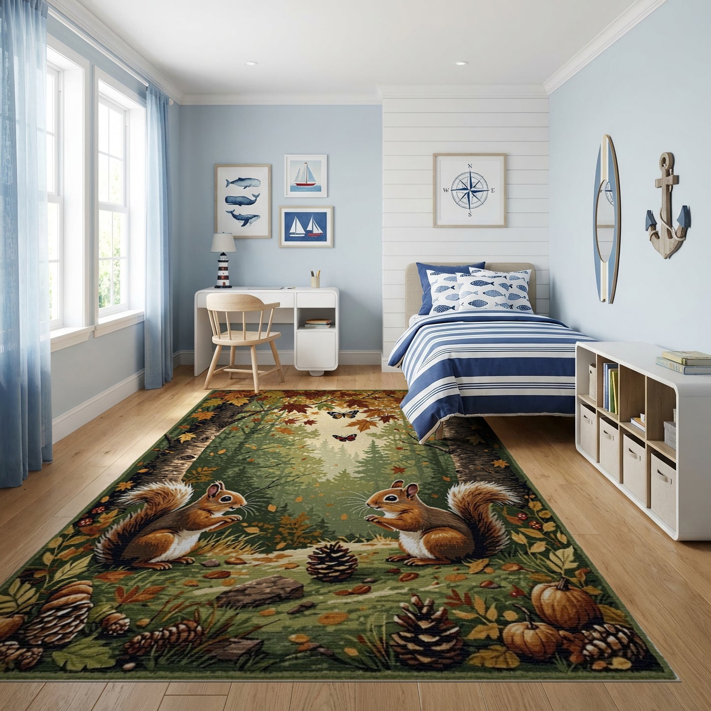 Whimsical Autumn Squirrels Forest Butterflies Rug
