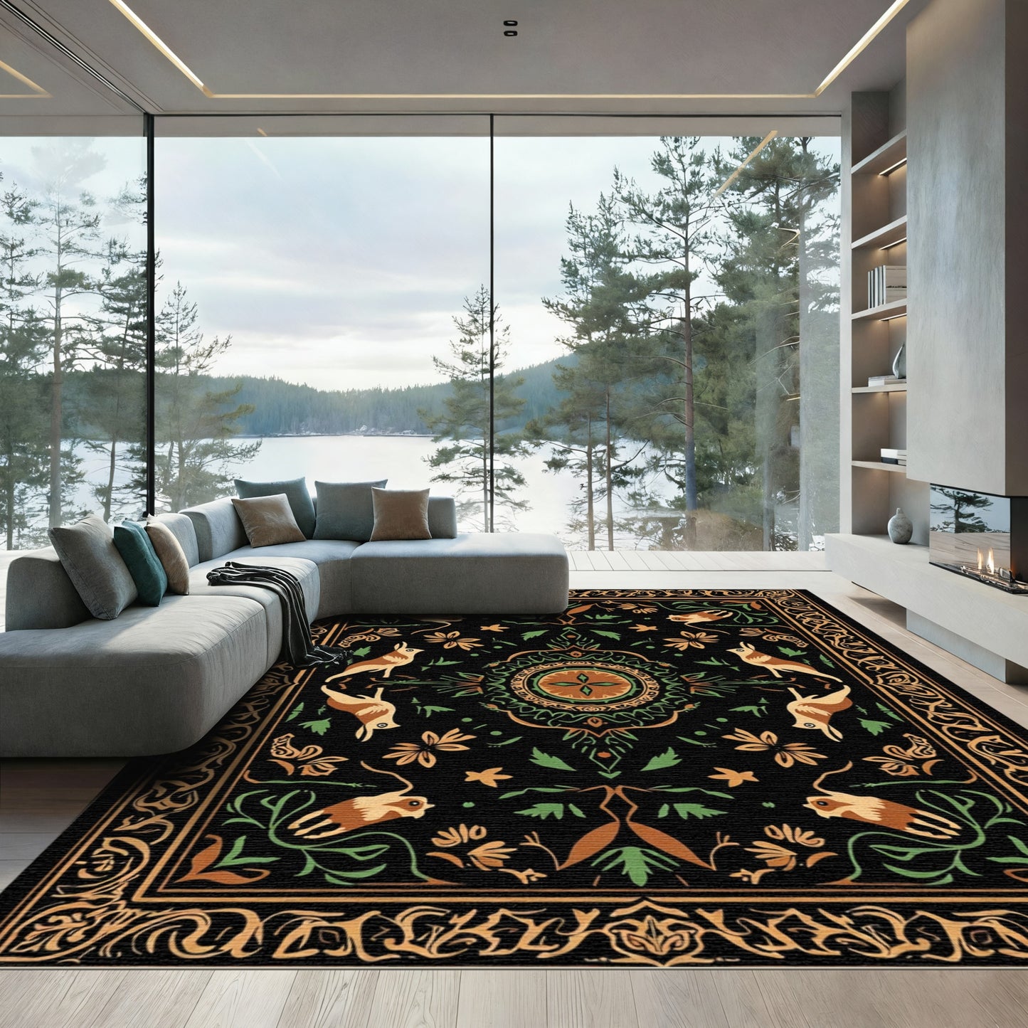 Ornate Brown Green Bird Floral Medallion Rug
