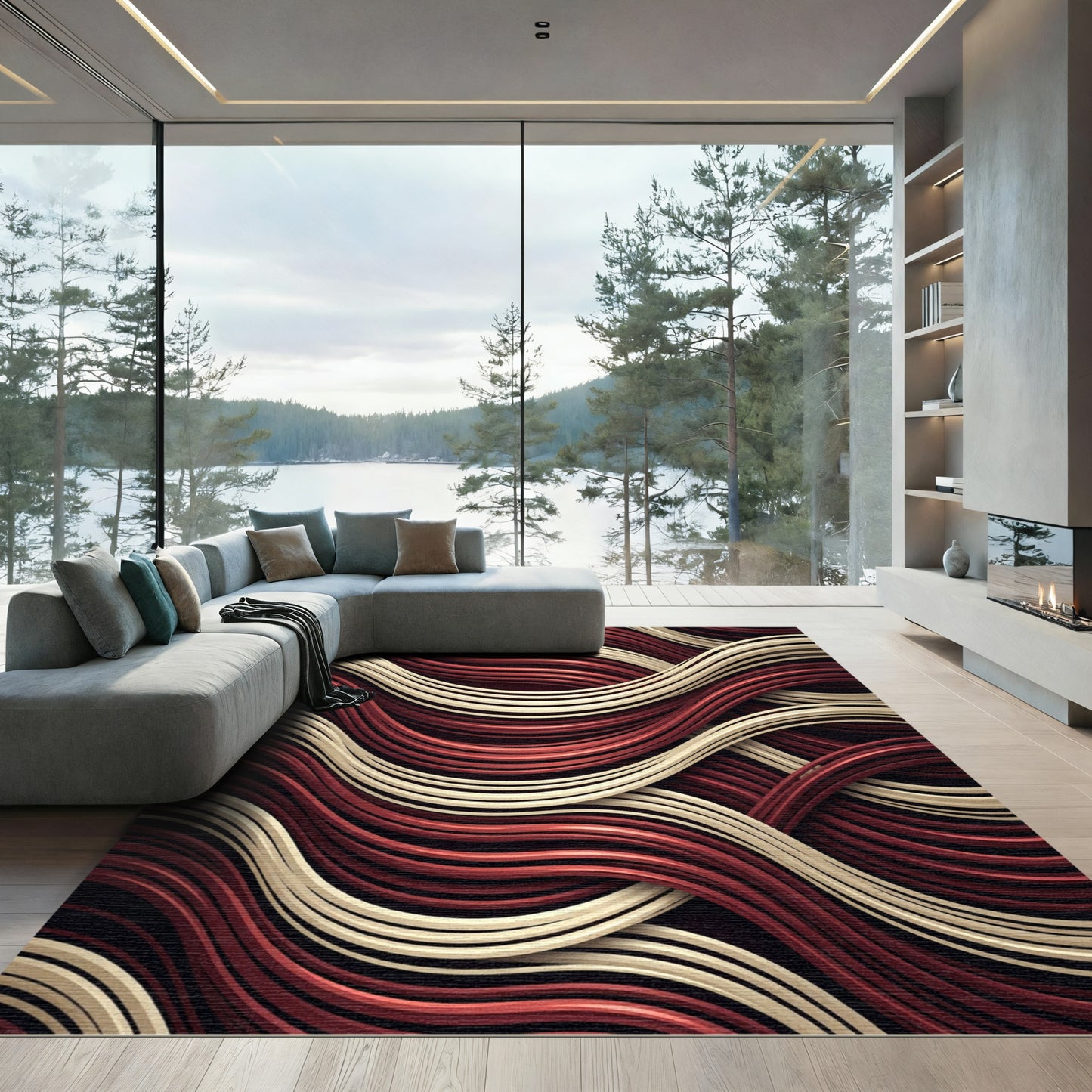 Crimson Cream Wavy Ribbon Composition Rug