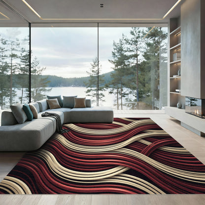 Crimson Cream Wavy Ribbon Composition Rug