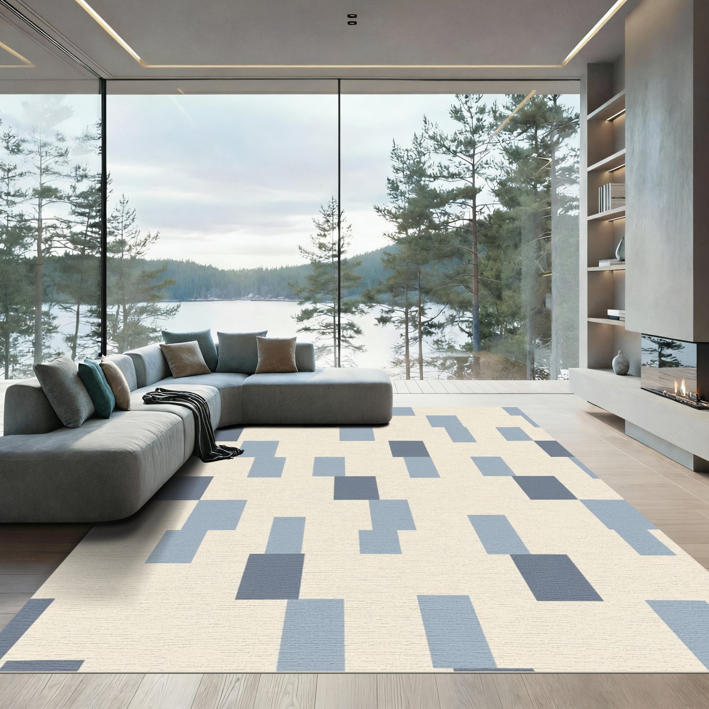 Pale Blue And Gray Rectangles Rug