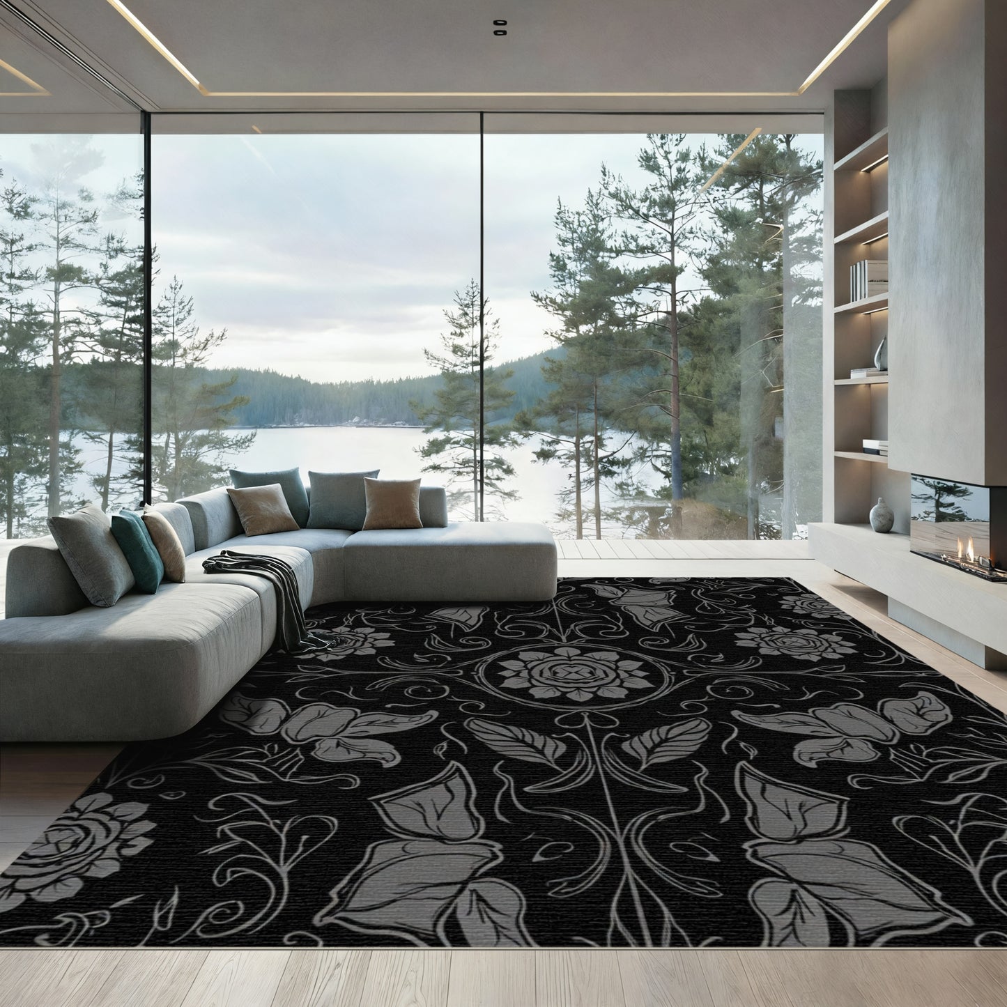 Dark Charcoal Floral Art Nouveau Rug