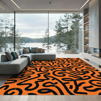 Orange Black Abstract Wavy Lines Rug
