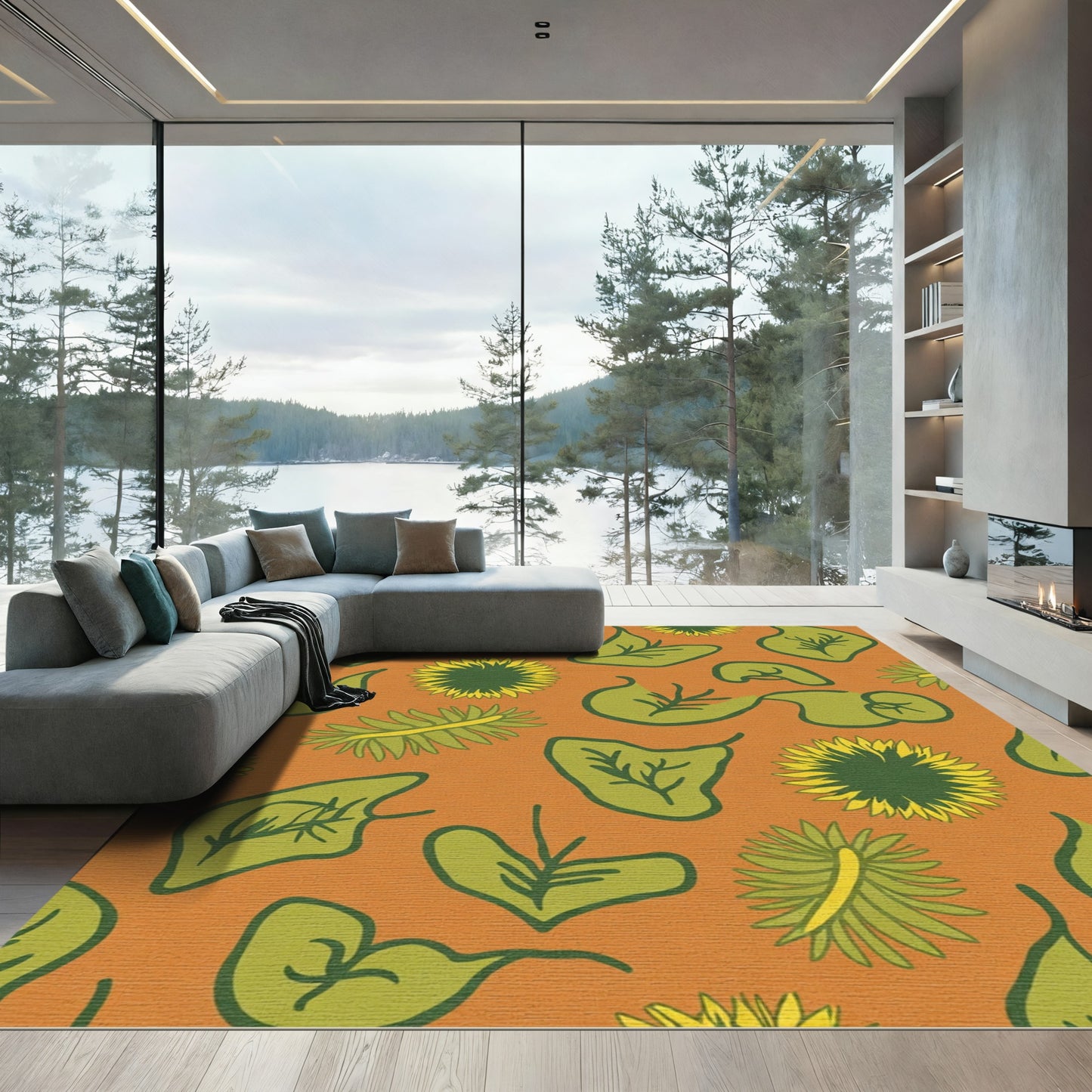 Green Leaf Yellow Floral Abstract Rug