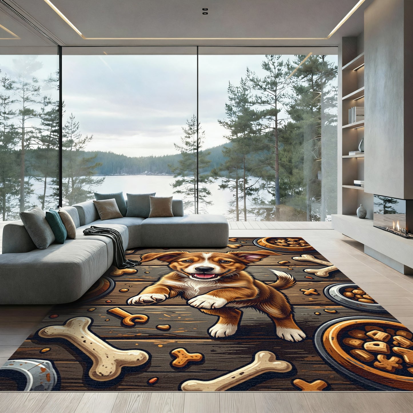 Puppy with Bones and Treats Illustration Rug