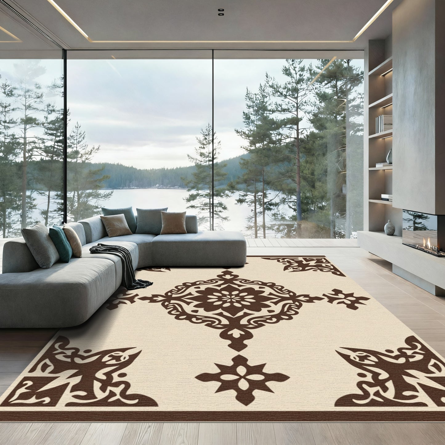 Cream Brown Filigree Medallion Corner Rug