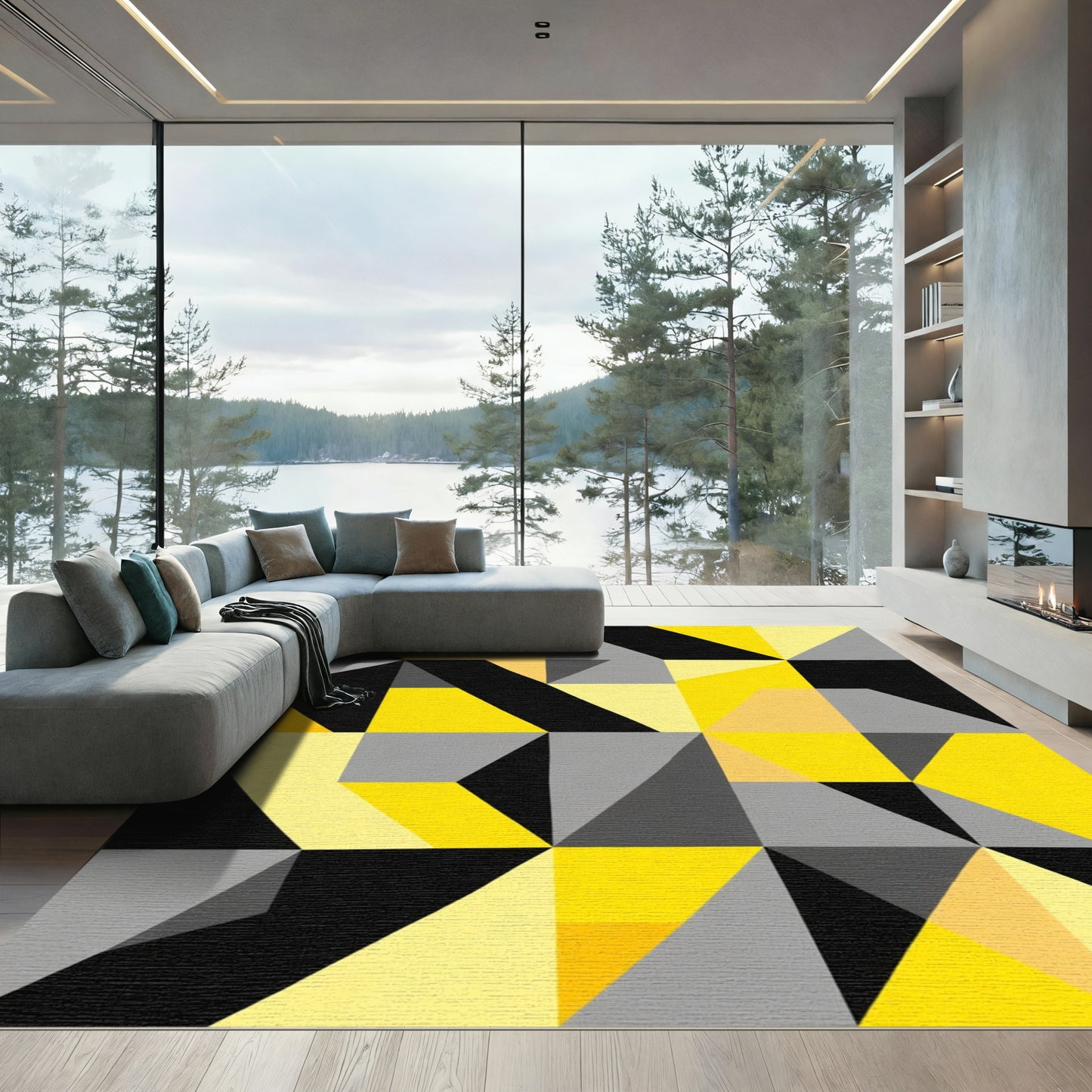 Modern Yellow Gray Geometric Abstract Rug