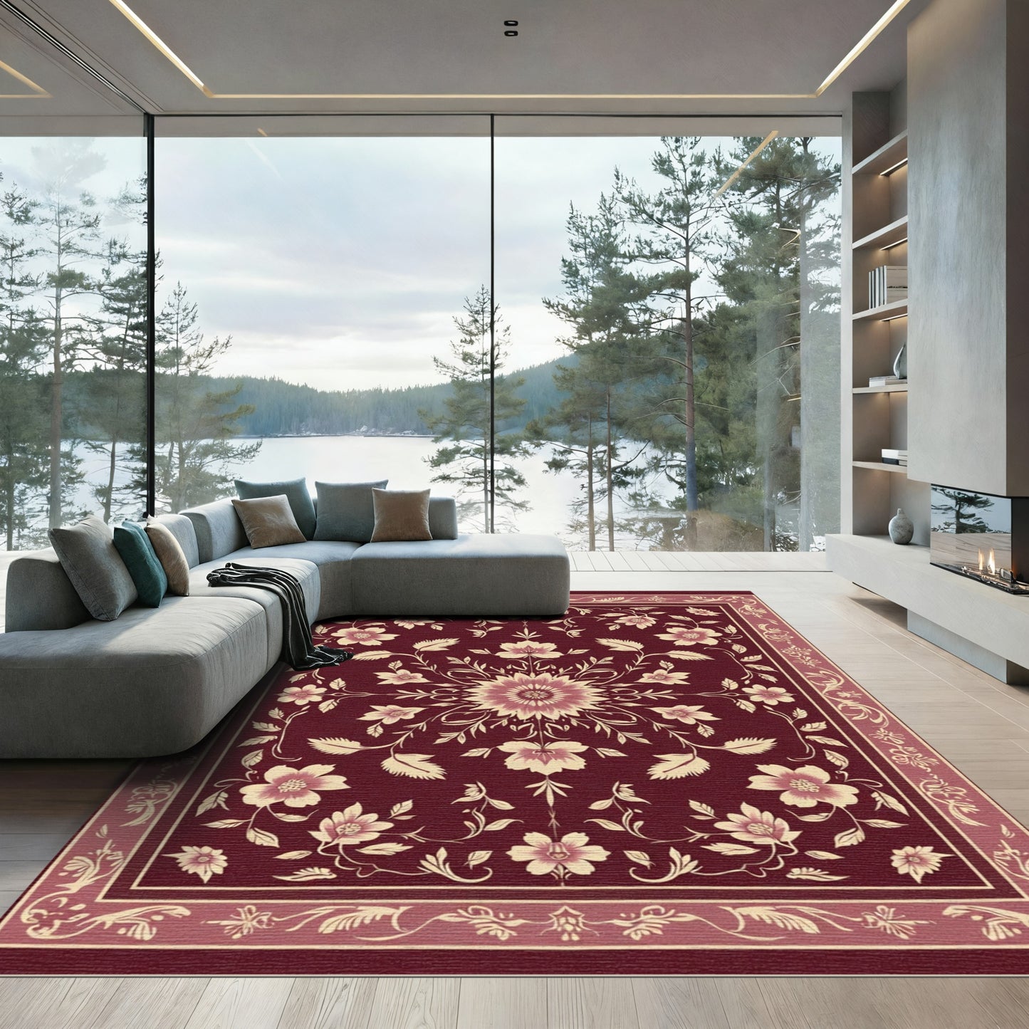 Rich Burgundy Floral Medallion Border Rug