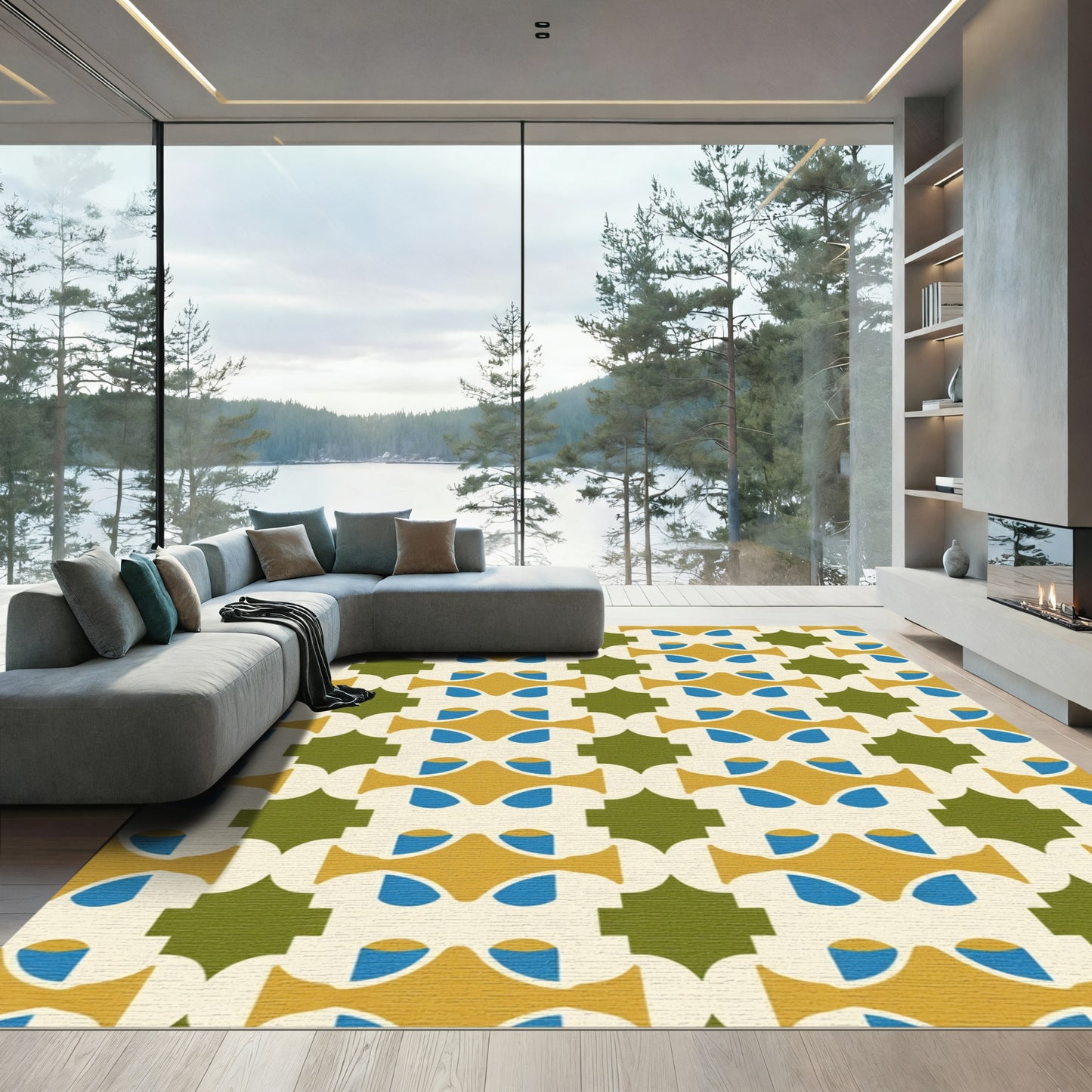 Golden Blue Green Geometric Tessellation Rug