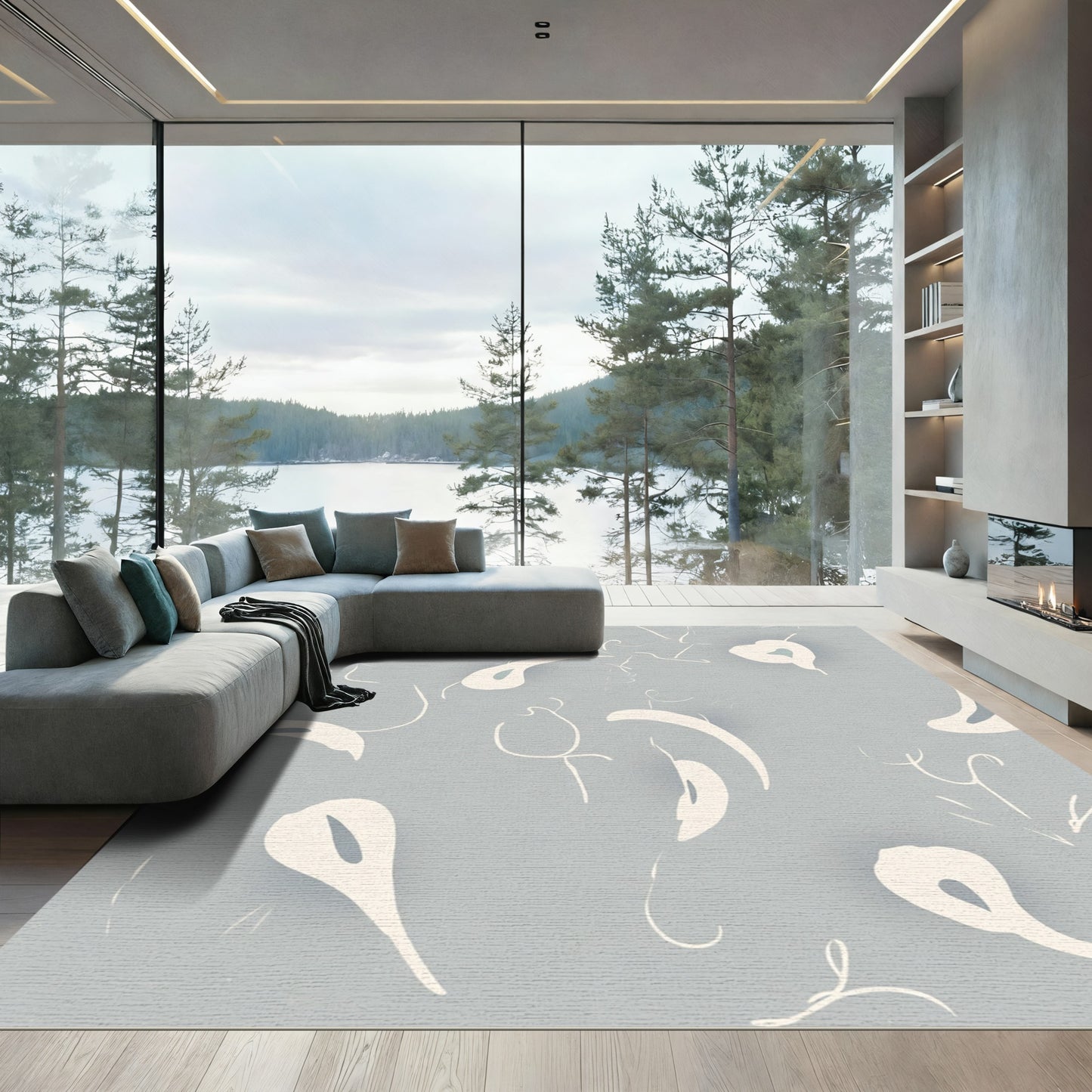 Soft Cream Swirls Light Blue Rug