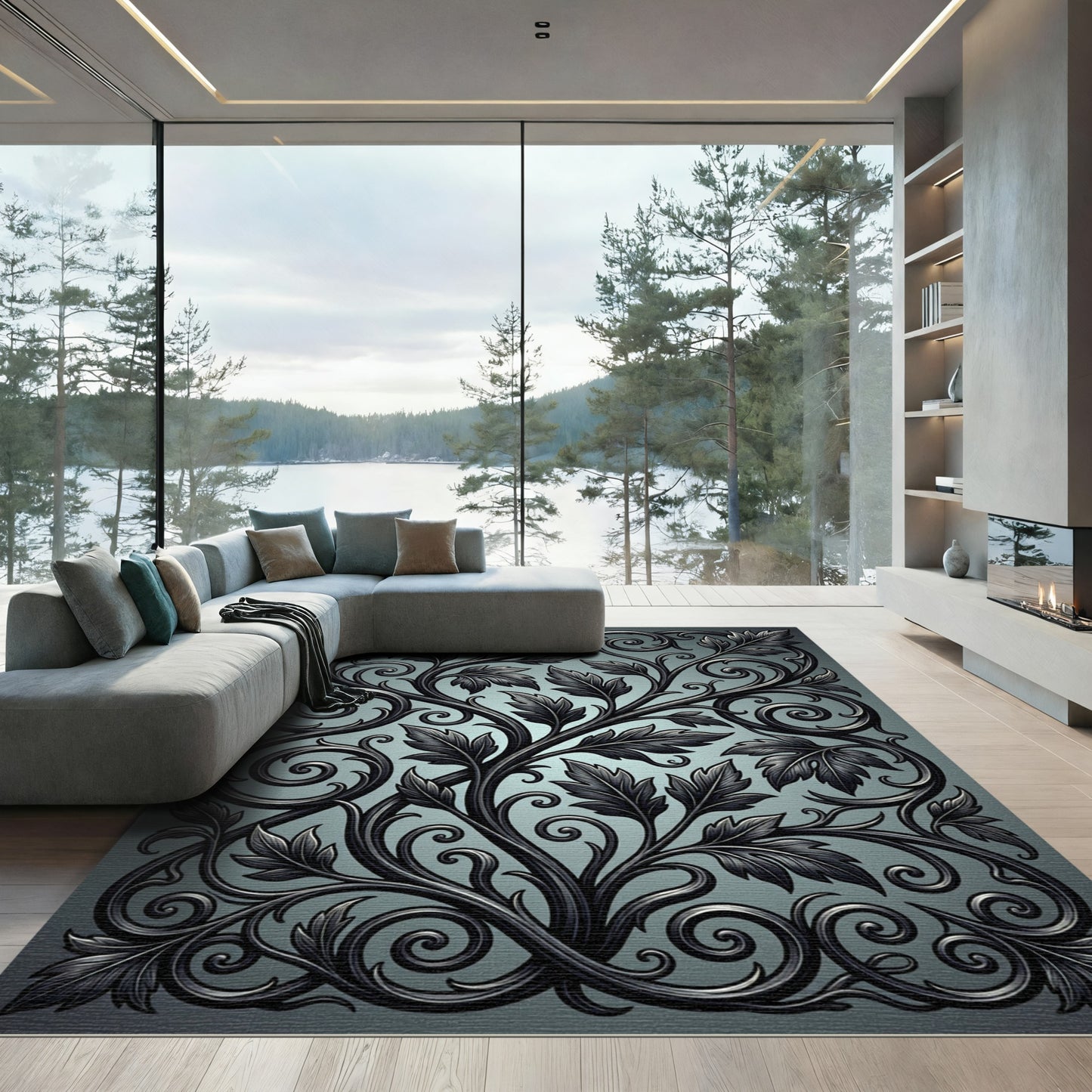 Dark Gray Ornate Scroll Foliage Rug