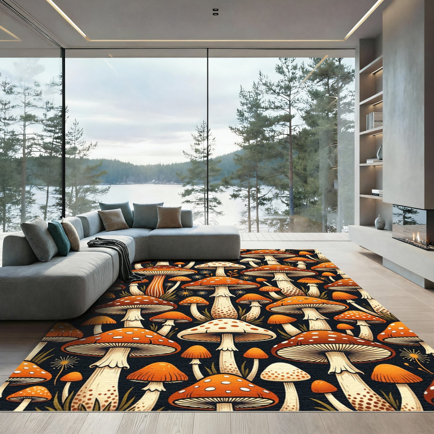 Whimsical Orange Forest Mushroom Toadstool Rug
