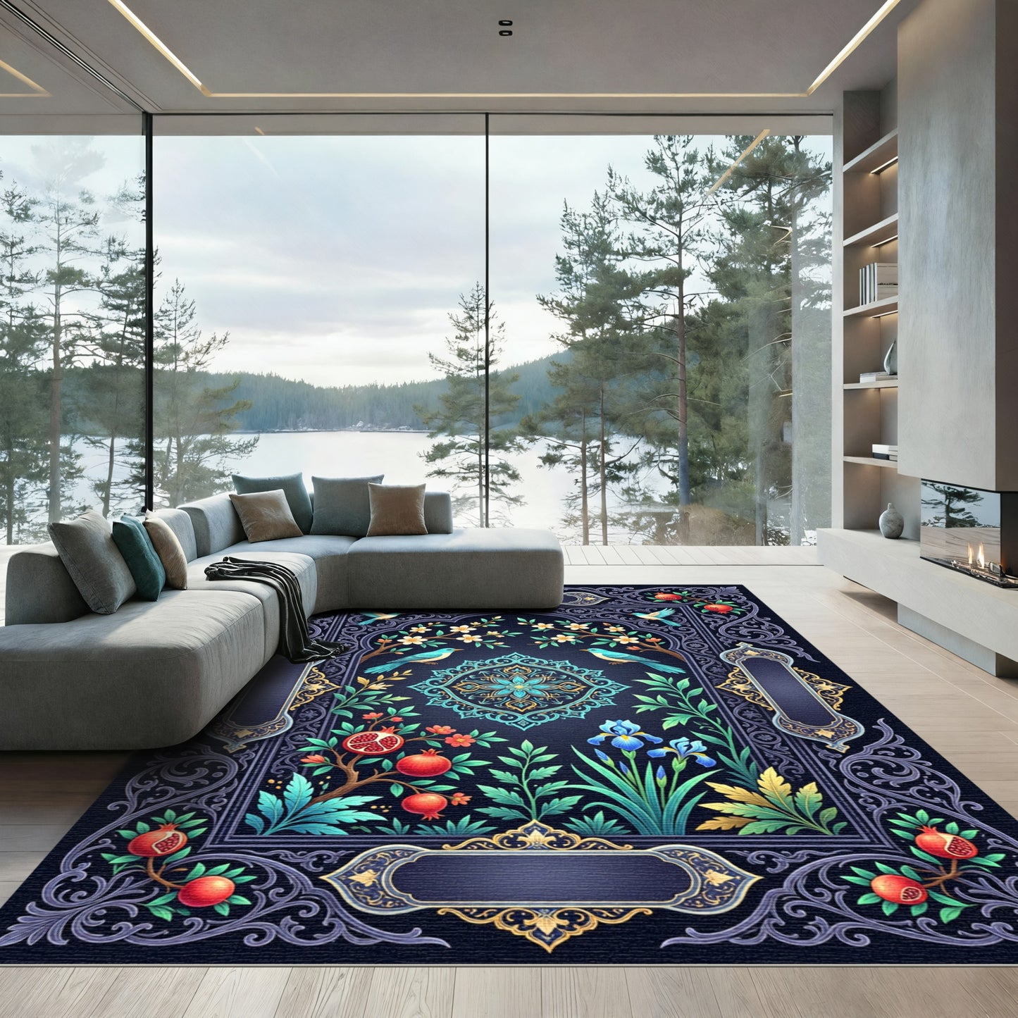 Navy Pomegranate Floral Bird Medallion Rug