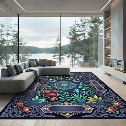 Navy Pomegranate Floral Bird Medallion Rug