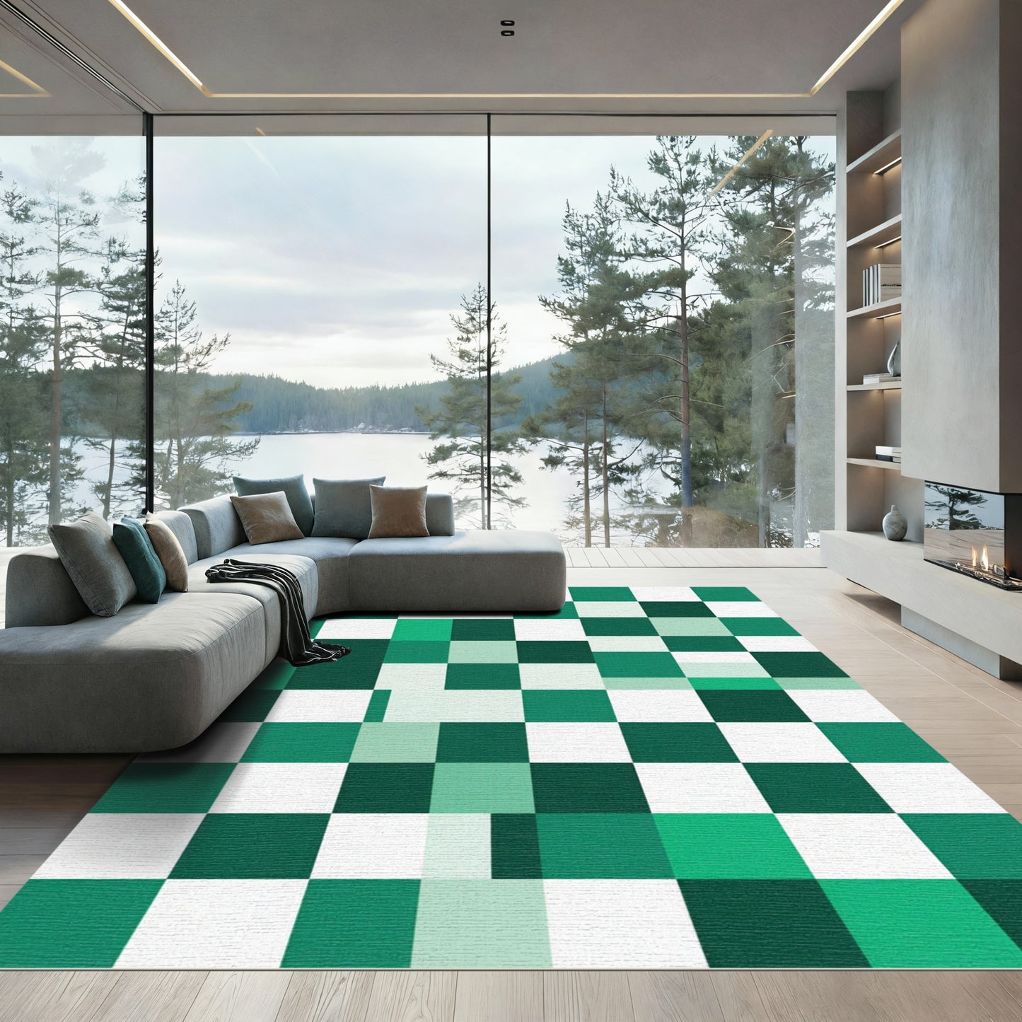Modern Emerald Forest Pixel Grid Rug