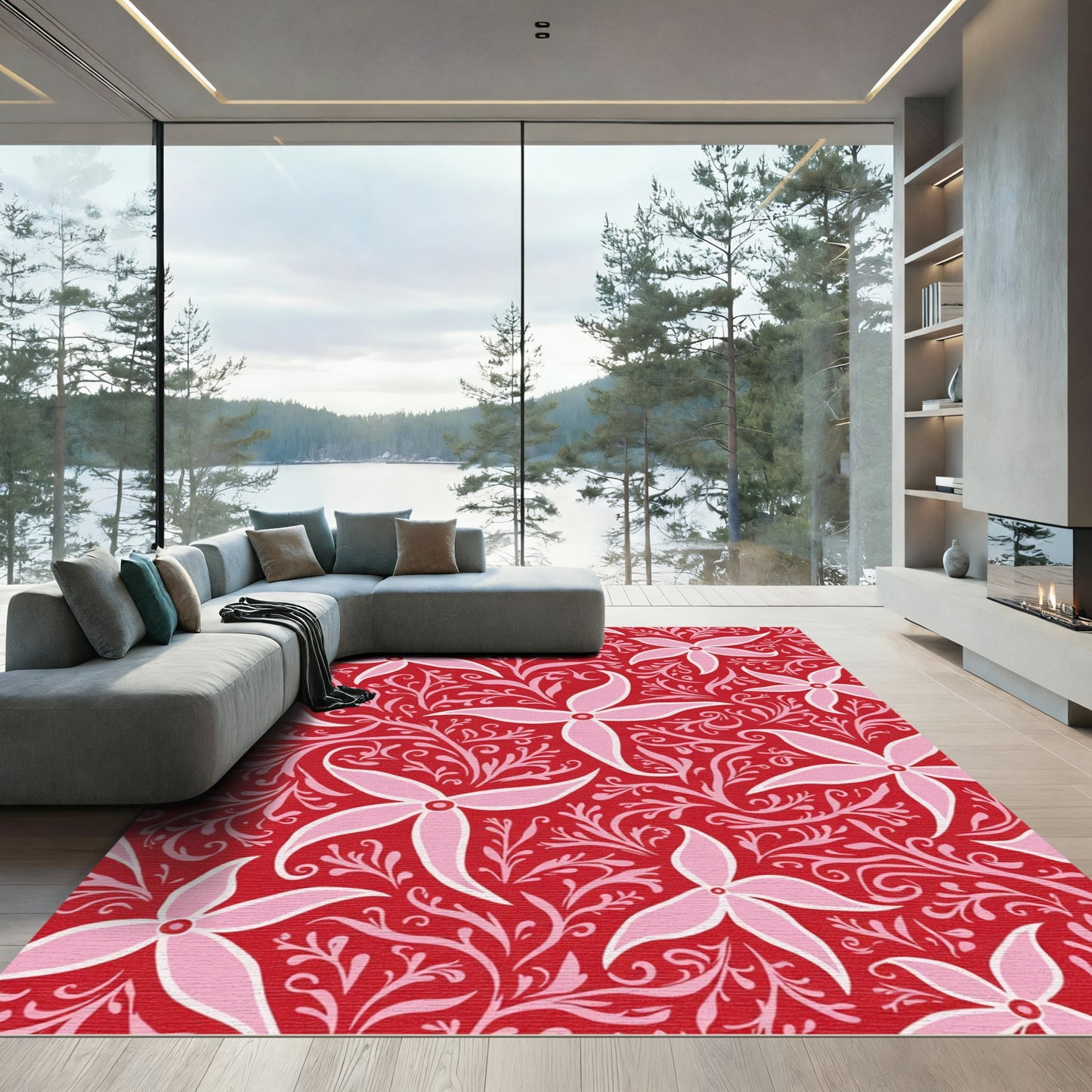 Crimson Pink Starburst Floral Vines Rug