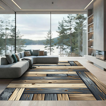 Rustic Wood Stone Plank Composition Rug