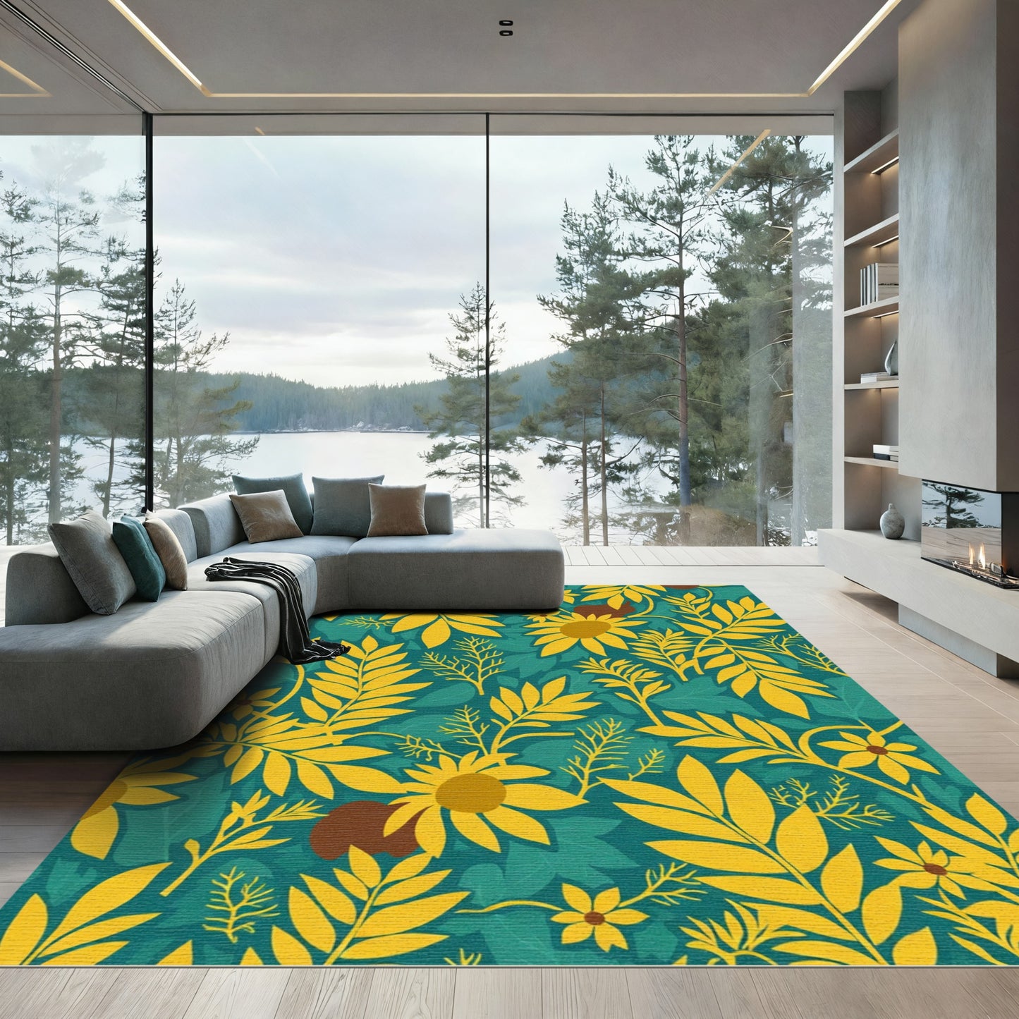Golden Sunflower Teal Leaf Pattern Rug