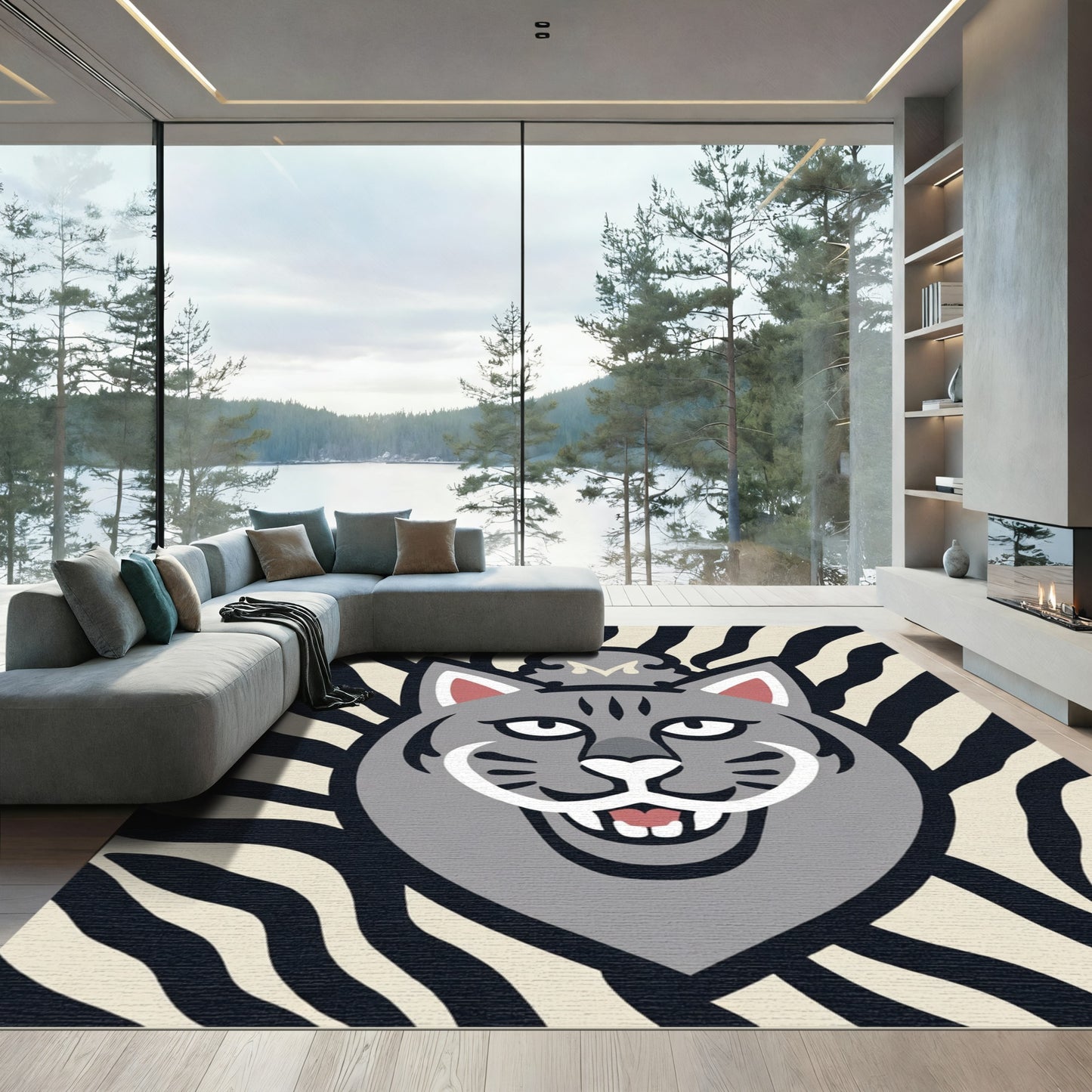 Gray Feline Whimsical Stripe Rug