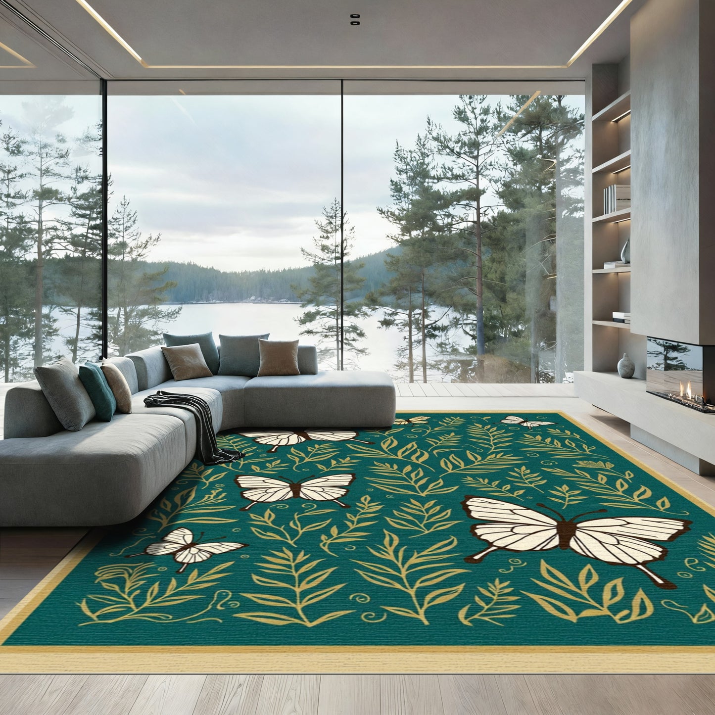 Teal Golden Butterfly Foliage Art Rug
