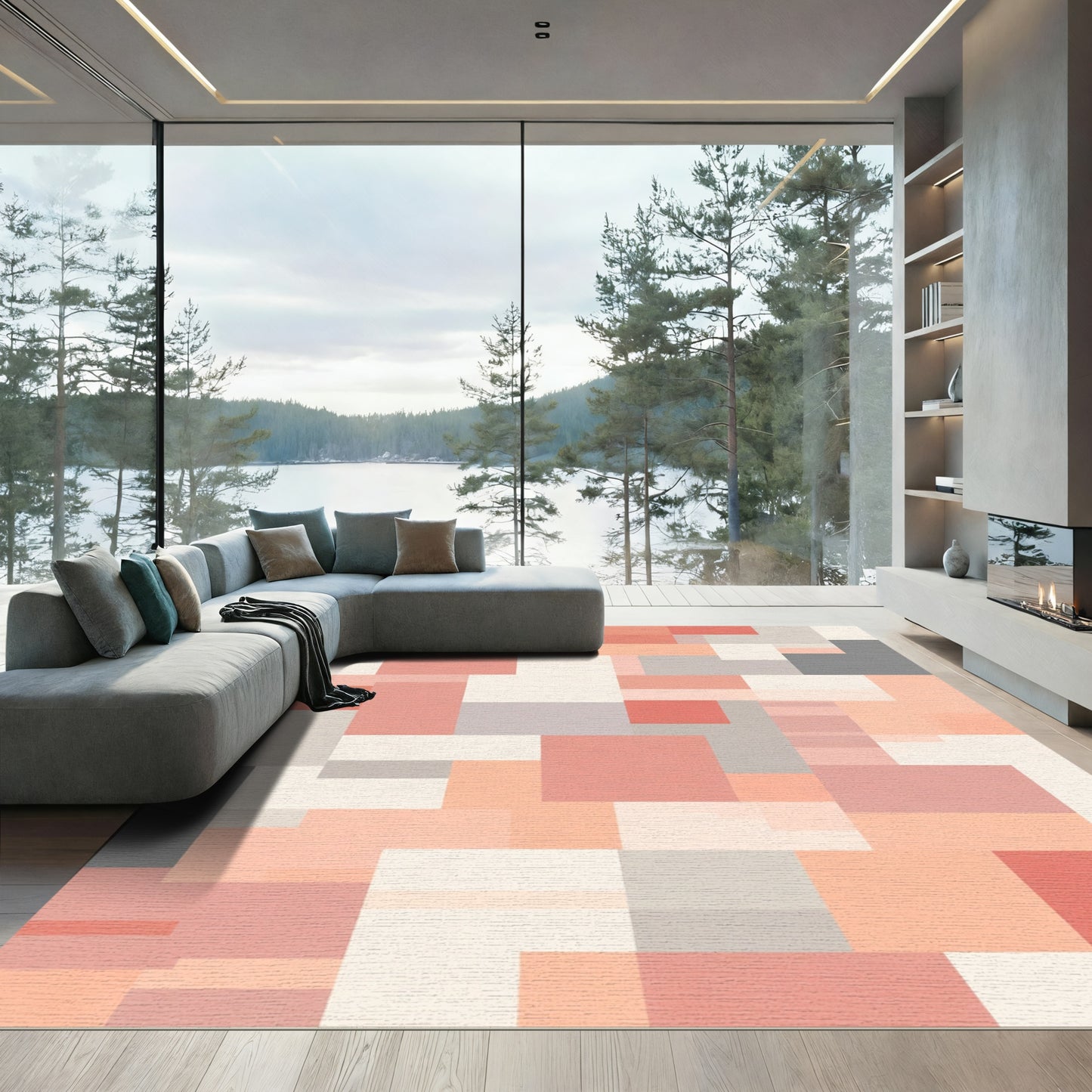 Soft Coral Geometric Block Rug
