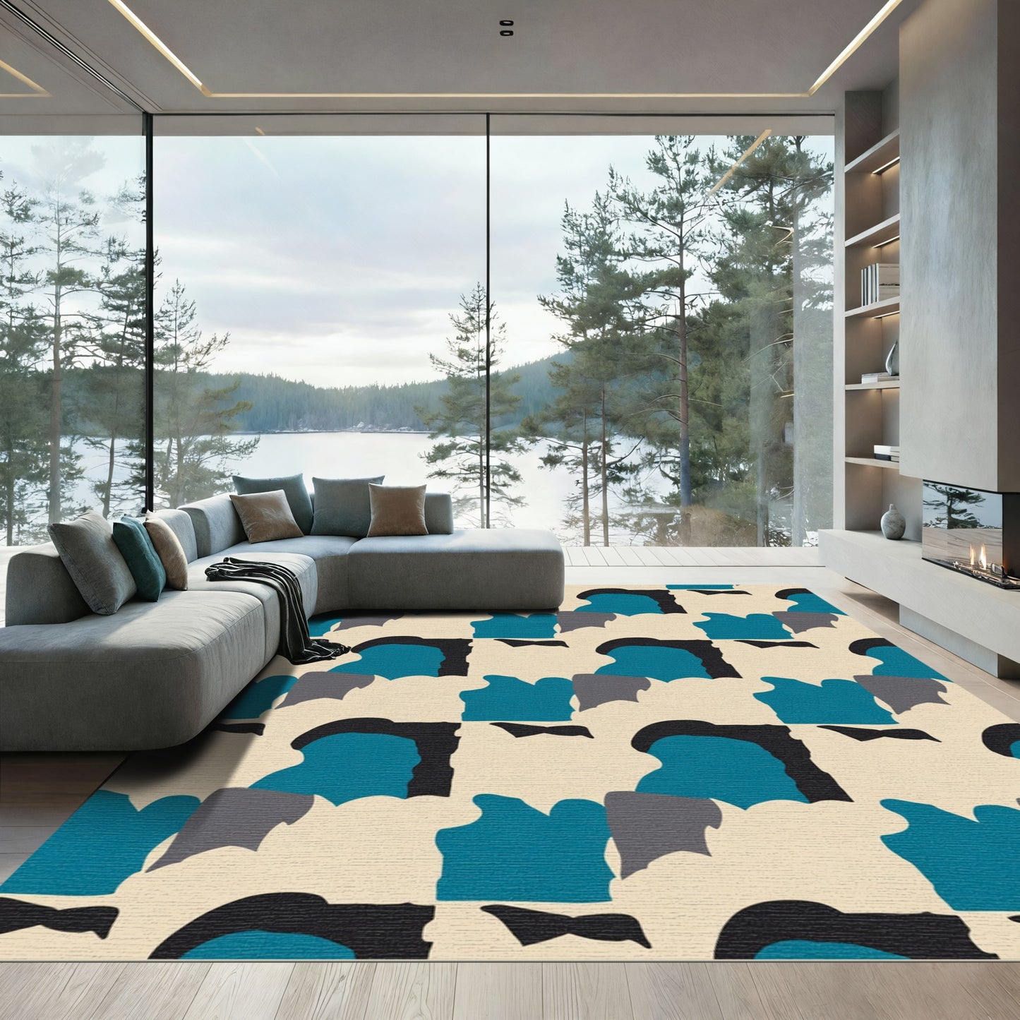 Abstract Teal Black Cream Geometric Overlay Rug