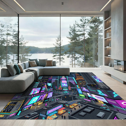 Futuristic Neon Cyber City Grid Skyline Rug