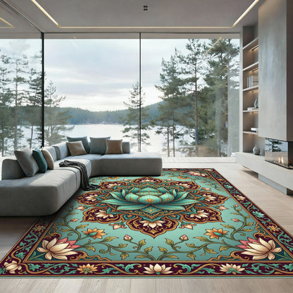 Teal Lotus Medallion Floral Border Rug