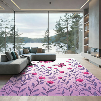 Whimsical Pink Butterfly Floral Garden Rug
