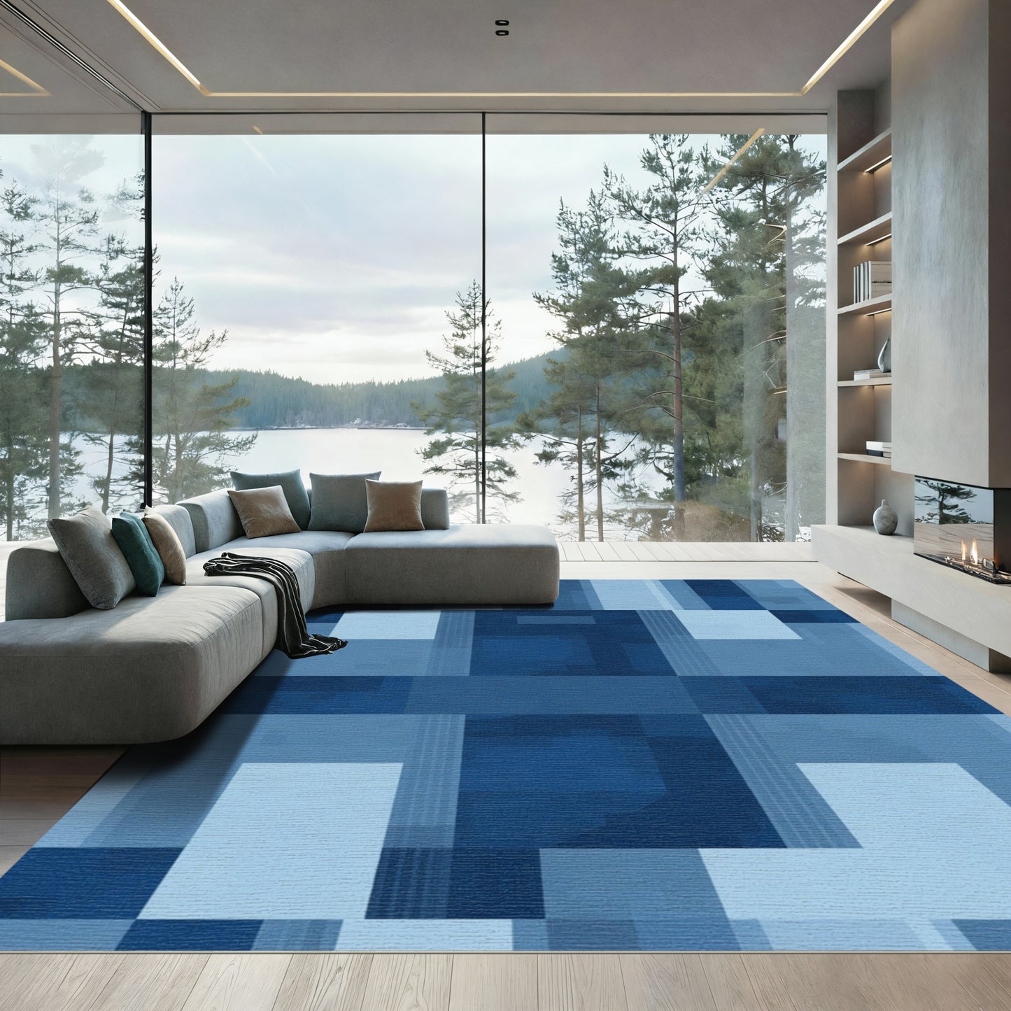 Deep Blue Rectangular Geometric Overlay Rug