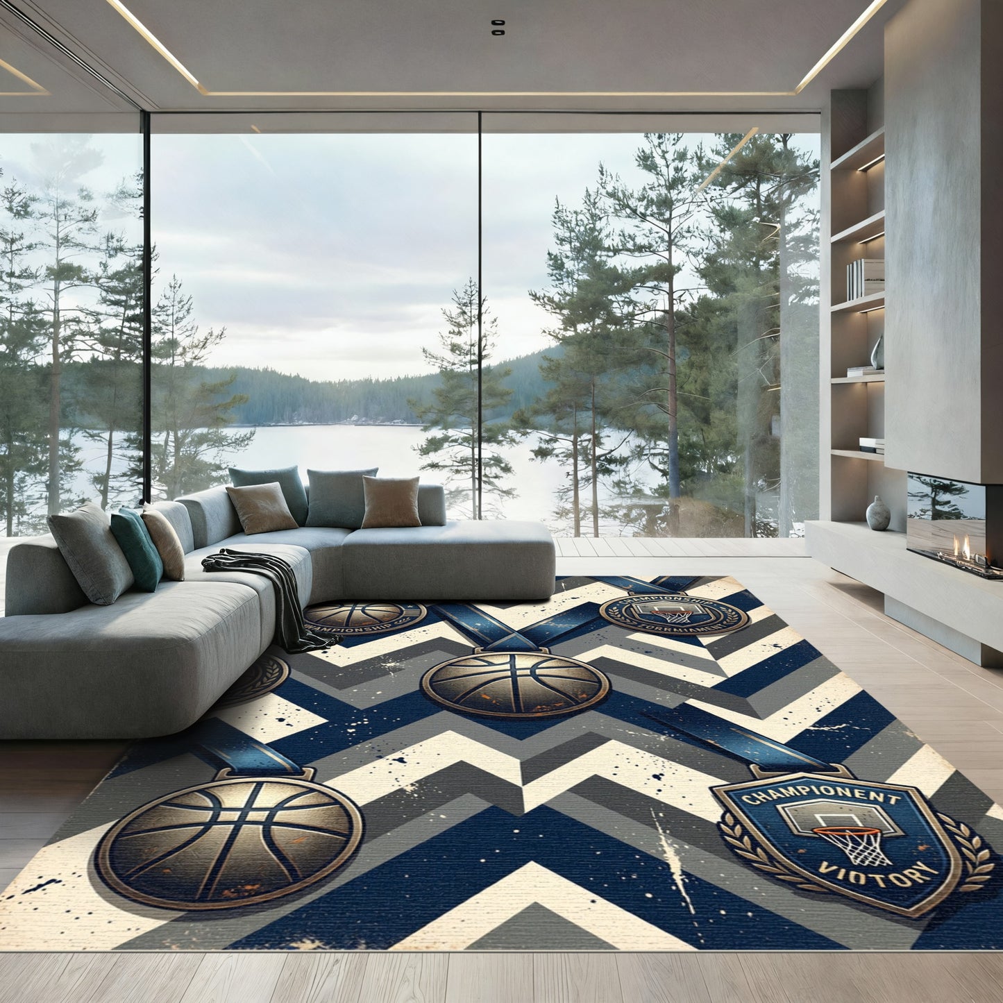 Vintage Basketball Championship Navy Chevron Rug